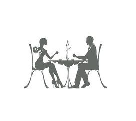 the icon of cute couple of man and woman sitting in a cafe. pleasant meeting and love atmosphere. beautiful slim woman is in the date with young businessman Pair is taking coffee
