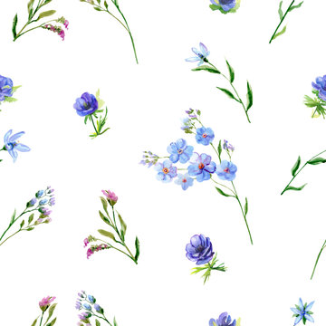 Floral square seamless pattern with pink and blue flowers, green twigs, buds, leaves on white background, hand draw watercolor painting, botanical illustration, vintage