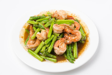 Stir fried Assparagus with Shrimp on white background