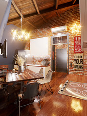 Bright and cozy kitchen in the loft style on attic with wooden c