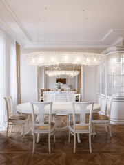 Luxury classic interior of dining room and living room with whit