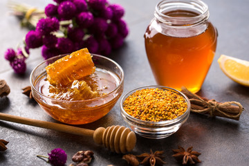 product of bee- honeycomb, pollen, propolis, honey.
