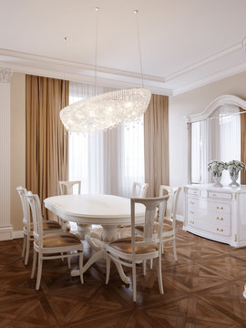 Luxury classic interior of dining room and living room with whit