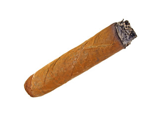 Brown cigar burned on white background, top view