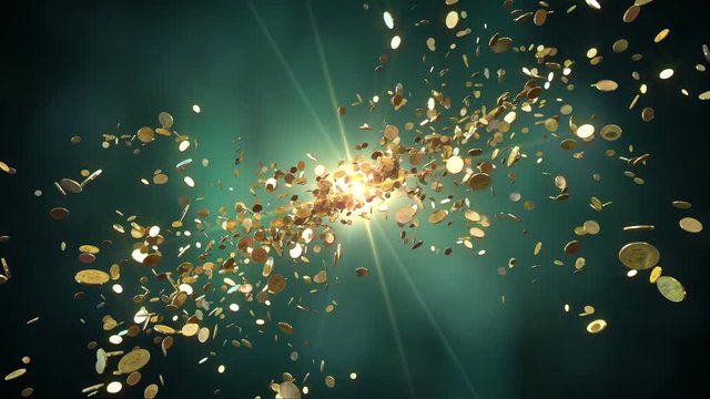 Coins fight. Animation shows the coins flying towards the camera. This one dollar coins is gold. Animation best suitable for all kinds of animated backgrounds on events.