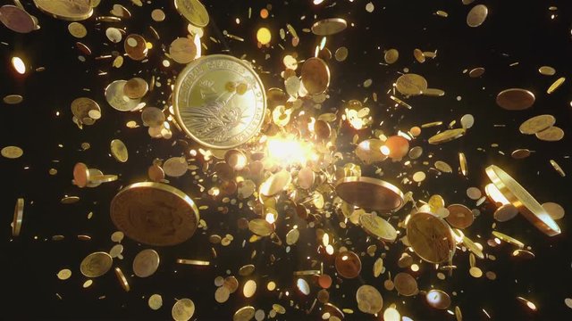 Coins flight. Animation shows the coins flying towards the camera. This one dollar coins is gold. Animation best suitable for all kinds of animated backgrounds on events.