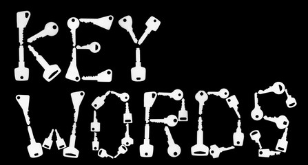 Set of keys form the word KEYWORDS. Isolated on black background.