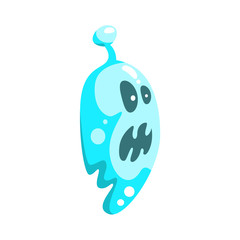 Blue Ghost In Childish Cartoon Manner Isolated On White Background.