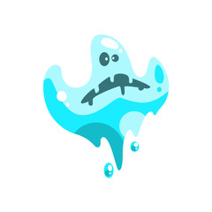 Blue Ghost In Childish Cartoon Manner Isolated On White Background.