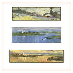 Set of three panoramic landscapes. Oil painting. Hand painted. Square frame. Can be used for greeting cards as a nature background.