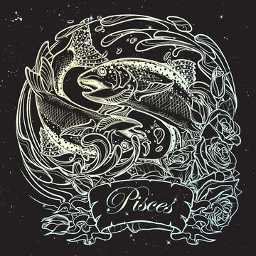 Zodiac sign - Pisces. Two fishes jumping from the water. Circle composition, decorative frame of roses. Vintage art nouveau style concept art for horoscope, tattoo or colouring book. EPS10 vector