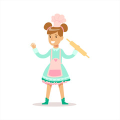 Happy Girl In Classic Girly Color Clothes Smiling Cartoon Character Cooking In Apron With Rolling Pin