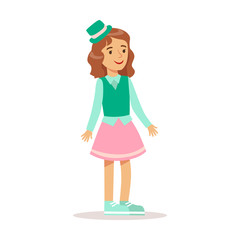Happy Girl In Classic Girly Color Clothes With Green Top Hat Smiling Cartoon Character