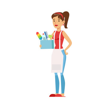 Woman Housewife Holding Box Of Domestic Chemistry And Inventory, Classic Household Duty Of Staying-at-home Wife Illustration