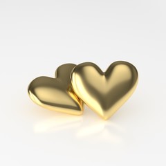 Two Golden Heart. 3D Render on White Background