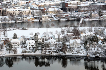 Winter in Trondheim. Aerial view of the river Nidelva, downtown and residential area .