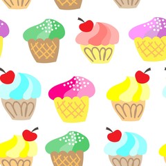 seamless pattern of colorful cupcakes on white background