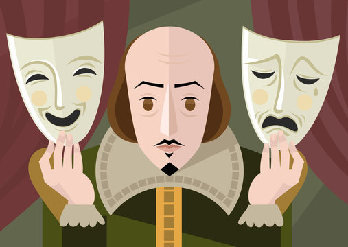 great english playwright with theater masks on stage
