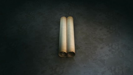 Old scroll rolling out. High quality three old scrolls falling into screen, and rolling out. Chroma Masks and 3D trackers inside for compositing. - Powered by Adobe