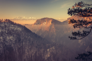 Winter morning landscape of Pieniny mountains from Sokolica peak in the morning, Poland
