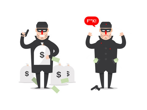 Stock Vector isolated illustration thief with bags of money and thief who has been catch, in dark suit, stole, robber runs, on white background, in black mask and hat, criminal in flat style. 