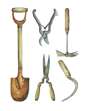 Shovel, hayfork and other tools necessary for garden improvements. Hand drawn watercolor painting on white background.