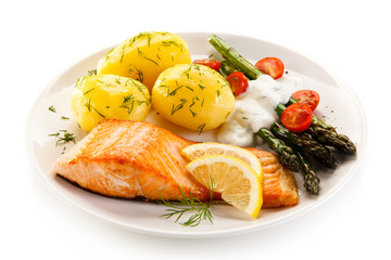 Grilled salmon boiled potatoes and asparagus