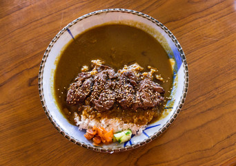 Delicious beef curry rice bowl.