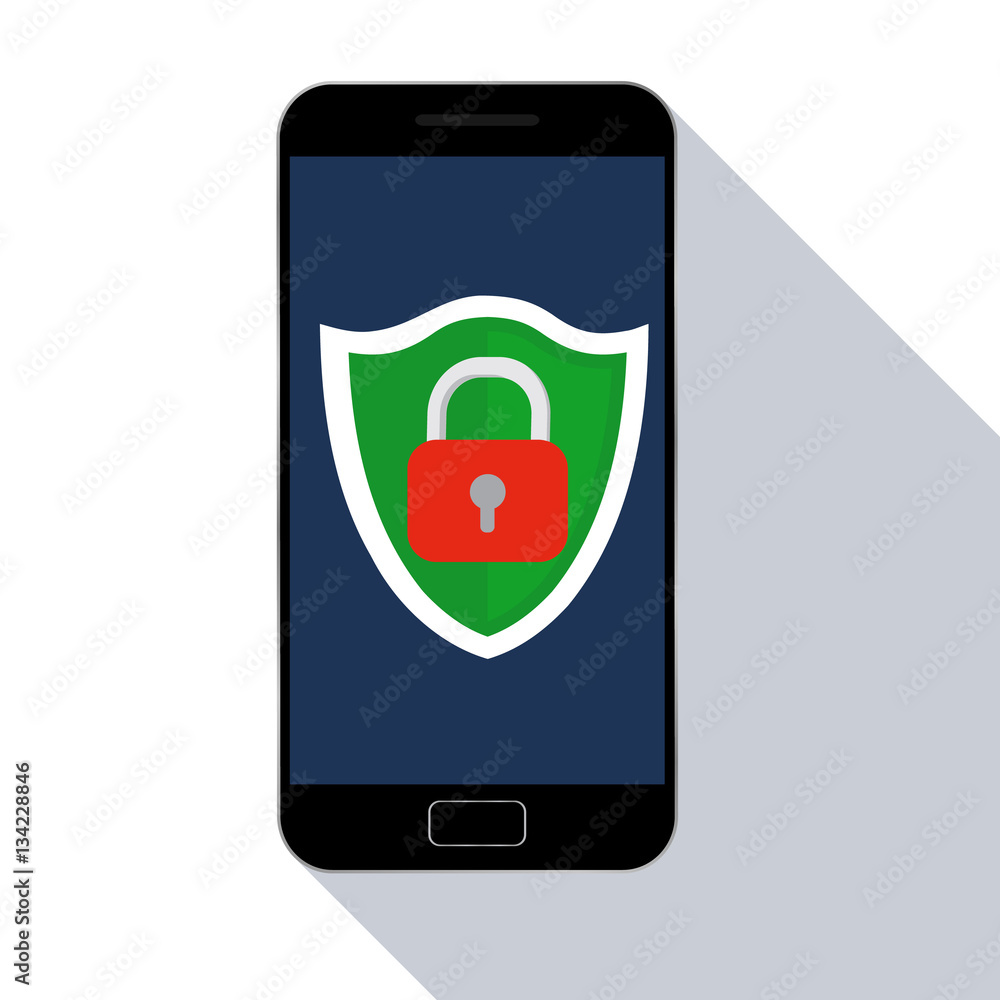 Poster mobile security app on smartphone with long shadow. vector illustration. flat design.