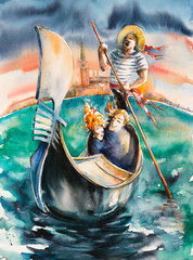 Love in Venice.Couple with singing gondolier on gondola.Picture created with watercolors. - obrazy, fototapety, plakaty