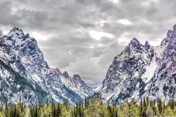Door stickers Teton Range Grand Teton mountains in Wyoming national park with cloudy storm