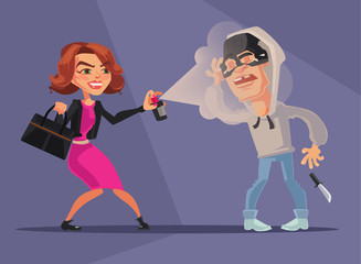 Woman character protected herself from robbers. Vector flat cartoon illustration