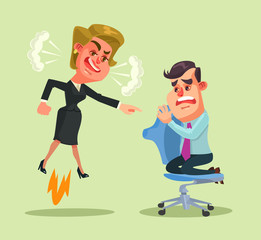 Boss woman character yells at employee man. Vector flat cartoon illustration