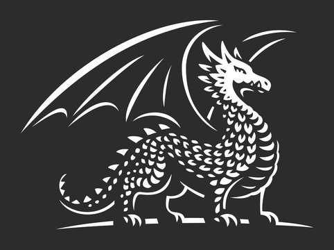 Dragon vector illustration, emblem on dark background
