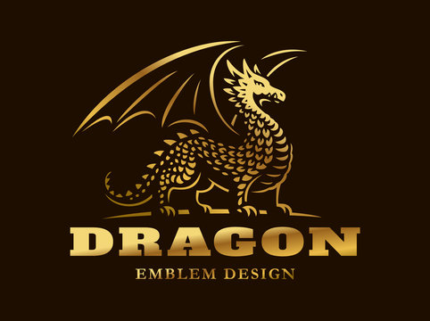 Golden dragon logo - vector illustration, emblem on dark background