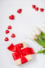 composition with tulips and gift box, valentine's or mother' day.
