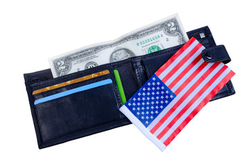 One banknote two dollars, black purse and an American flag.