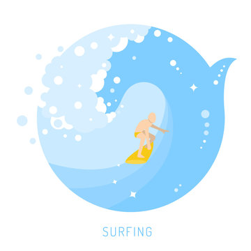 A surfer riding on the ocean wave. Vector flat illustration.