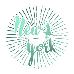 Fototapeta premium Vector handwritten brush script. white letters isolated on background. New York with ray burst