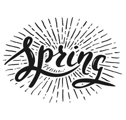 Vector handwritten brush script. Black letters isolated on white background. Spring with sun burst