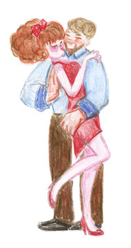 Hand-drawn illustration of man and woman on a romantic date.Boyfriend and girlfriend spending time together.Pencil drawing of kissing and hugging passionate couple of lovers.Valentine's day characters