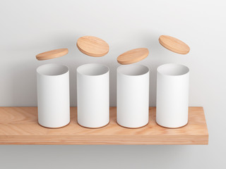 White Tin Can Mockup with opened lids on wooden shelf. Cylindrical packaging, 3d rendering