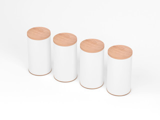 Four White Tin Cans Mockup with wooden cover, lid. Cylindrical packaging on gray background, Tea, coffee. 3d rendering