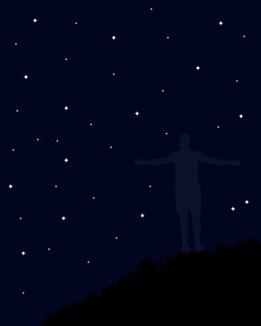 starry stky with a person with open arms 
