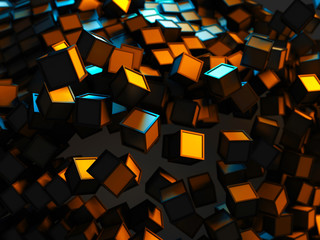 Chaotic orange and blue cubes particles abstract background