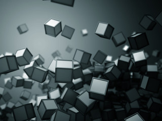 Blue abstract chaotic falling cubes background. 3d render illustration