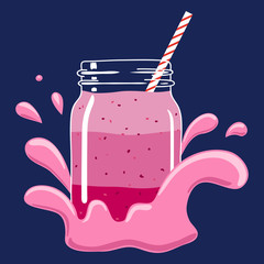 Fruit and berry layered smoothie in mason jar with striped straw in a splash of yoghurt. Fresh natural berry drink, isolated. Vector hand drawn illustration eps10. - 134235270