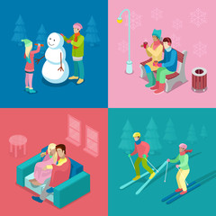 Fototapeta premium Isometric Winter People. Skiing Couple, Girl and Boy Making Snowman, Walking Outdoor. 3d flat vector illustration