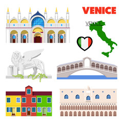 Venice Italy Travel Doodle with Architecture, Lion and Flag. Vector illustration