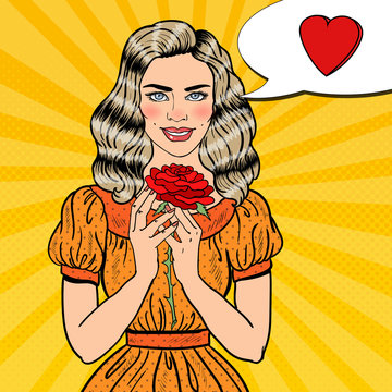 Pop Art Young Beautiful Woman in Love with Red Rose. Vector illustration